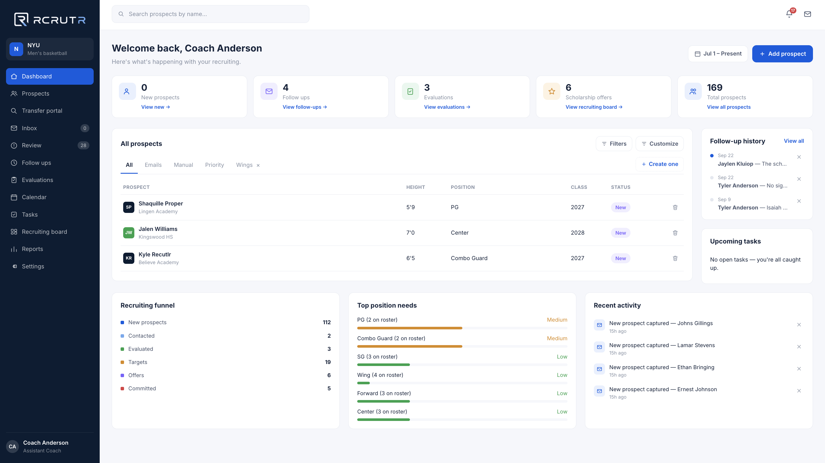 RCRUTR dashboard showing prospects, follow-up history, and recruiting funnel