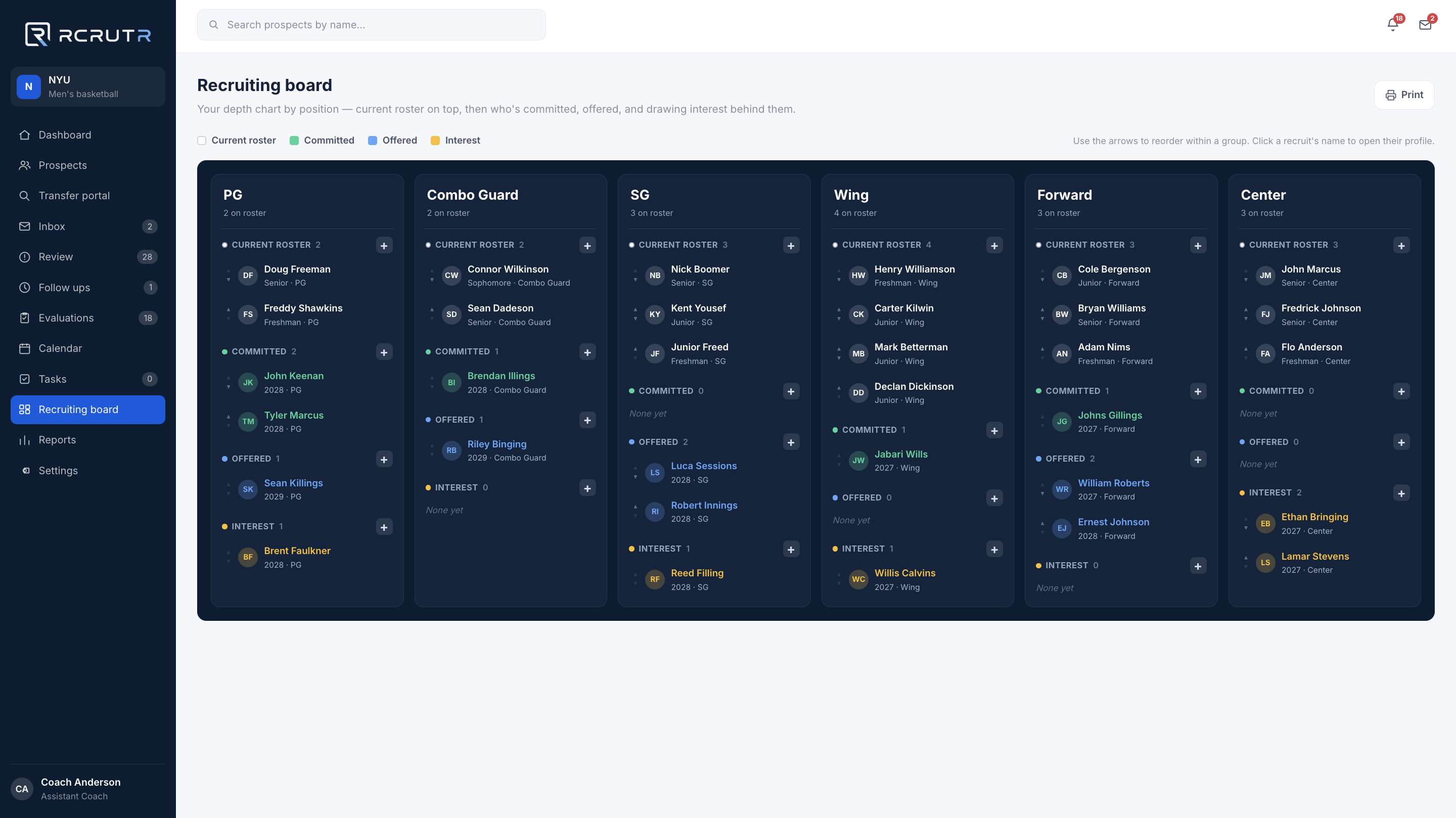 RCRUTR recruiting board with recruits organized by position