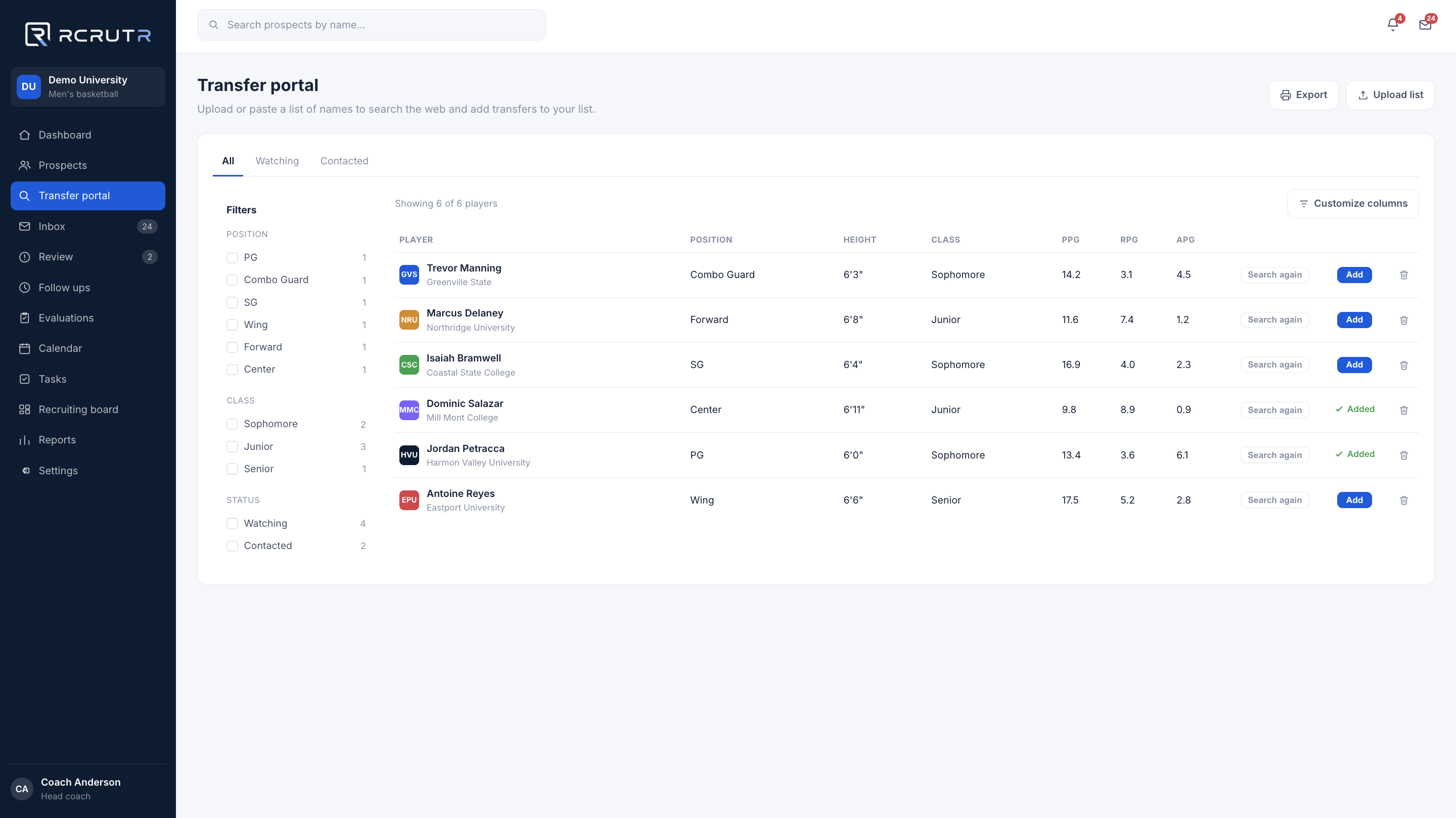 RCRUTR transfer portal search results